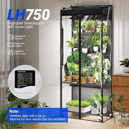 Barrina LH750 Pegboard Indoor Greenhouse with Grow Light, Plant Cabinet with 90W 5000K Full Spectrum Lamps, 3 Adjustable Pegboards, Timer, Wheel, for Foliage Plant, Seedling, 29.5x13.8x67.9IN