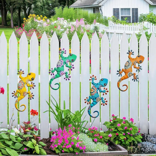 4 Pcs Metal Gecko Outdoor Decorations - Metal Lizards Wall Art Hanging Sculpture Decoration for Garden Yard Fence Porch Exterior Wall Decor