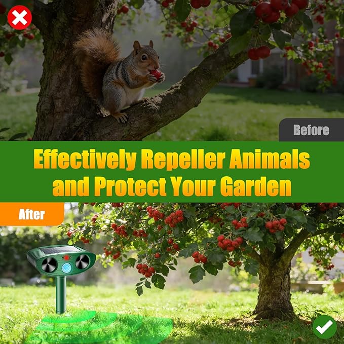 2026 Upgraded Solar Ultrasonic Animal Repellent Outdoor, Deer Repellent Devices Outdoor, Cat Repellent Waterproof with Motion Sensor, Squirrel Raccoon Skunk Deterrents for Yard (2-Pack)