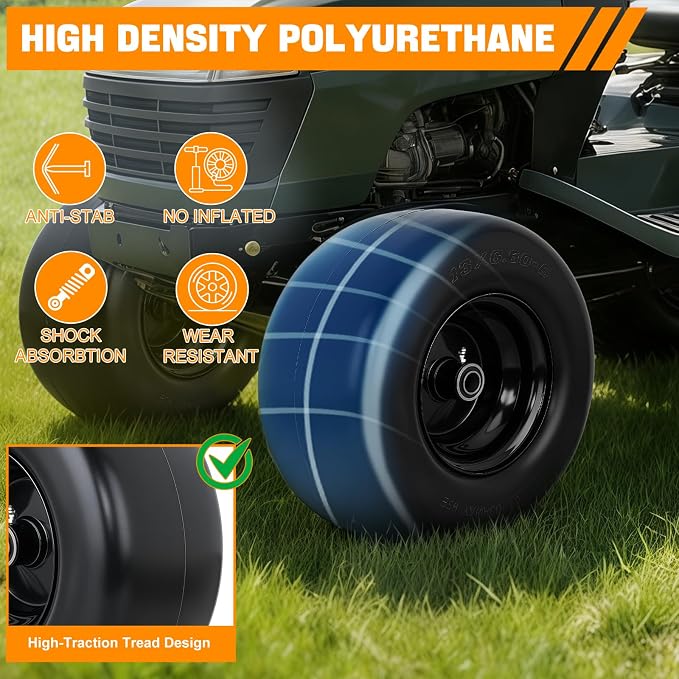 Yesker 13x6.50-6 Flat Free Lawn Mower Tire and Wheel Assembly with 3/4" Bearing Bore, 13x6.50-6nhs Solid Riding Lawnmower Tires with 3.25" Center Hub, 2 Pack