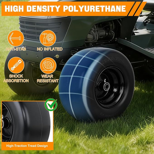 Yesker 13x6.50-6 Flat Free Lawn Mower Tire and Wheel Assembly with 3/4" Bearing Bore, 13x6.50-6nhs Solid Riding Lawnmower Tires with 3.25" Center Hub, 2 Pack