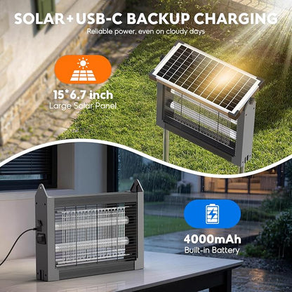 Solar Bug Zapper Outdoor, Waterproof Mosquito Zapper Outdoor Solar Powered, 4500V Electric Bug Zapper Indoor with Smart Light Sensor, Mosquito Trap Fly Zapper for Patio Kitchen Garage Yard Camping