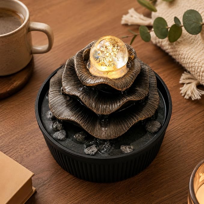 Indoor Tabletop Water Fountain - 3-Tier Lotus Leaf Design Waterfall with Warm Glowing LED & Rotating Ball, Zen Home Decor for Living Room Bedroom, Unique Housewarming Gift Idea