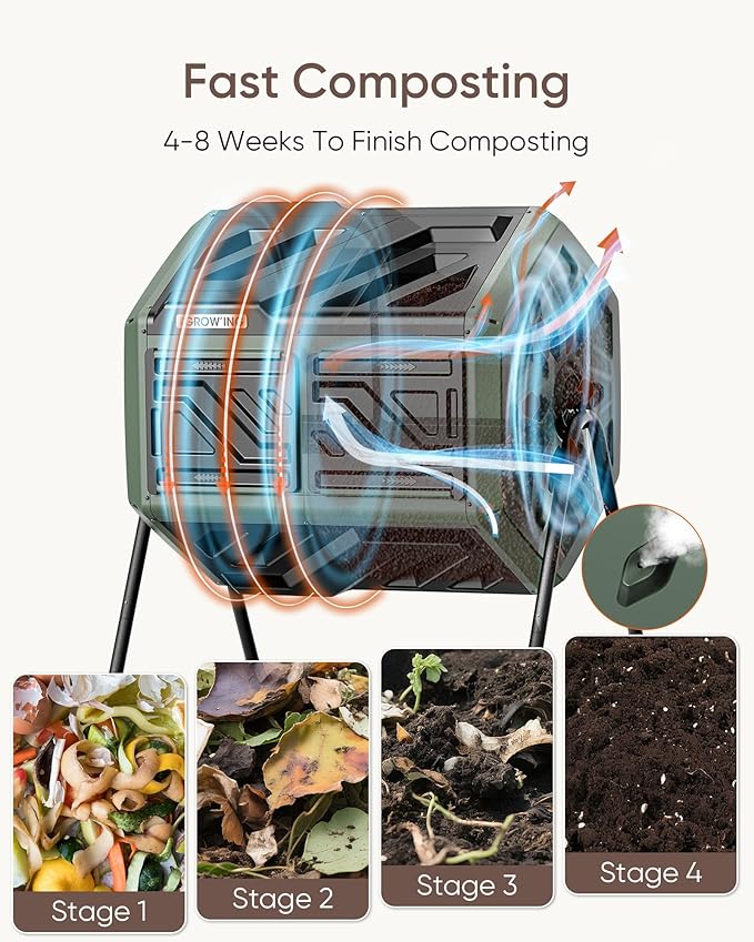 THE Growing 43 Gal Outdoor Compost Bin Tumbler for Backyard Garden, Green | Twin 21.5gal chambers match garden lawns. Pre-embedded nuts for fast setup. Durable resin deters pests and strong odors.