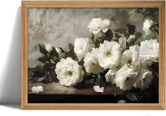 smvexyl Framed White Rose Vintage Floral Wall Art, Botanical Canvas Painting, Rustic Farmhouse Cottagecore Flower Decor, Romantic Botanical Artwork for Living Room Bedroom Bathroom Home Decor, 16x12inch