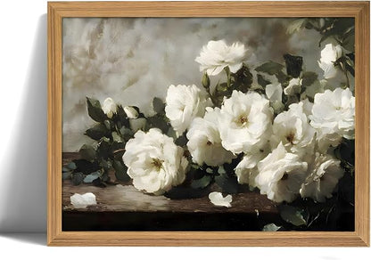 smvexyl Framed White Rose Vintage Floral Wall Art, Botanical Canvas Painting, Rustic Farmhouse Cottagecore Flower Decor, Romantic Botanical Artwork for Living Room Bedroom Bathroom Home Decor, 16x12inch