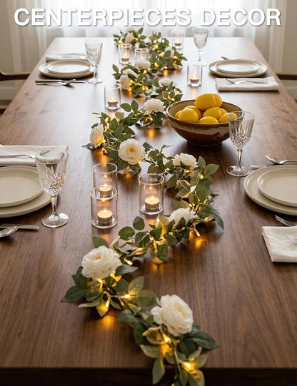 suddus Flower Garland with White Camellia Fairy Lights Indoor, 60 LED Vines String Lights Battery Operated with Remote, Artificial Fake Flowers Leaf Lights for Wedding,Bedroom,Centerpieces,Arch Decor