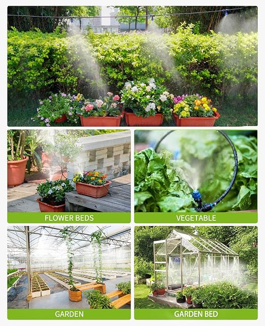 HIRALIY 59FT Drip Irrigation Kit, Quick-Connect Garden Watering System with 15 Adjustable Misting Nozzles and 1/4 in Tubing for Greenhouse, Hanging Plants, Raised Beds & Patio Containers