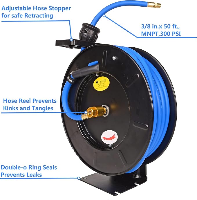 Eisen Air Hose Reel 3/8 in x 50 ft Premium Heavy-Duty Flexiable Hybrid Air Hose. Ceiling/Wall Mount, Retractable Air Compressor Hose Reel, 300 PSI Flexiable Hybrid Hose, black and blue
