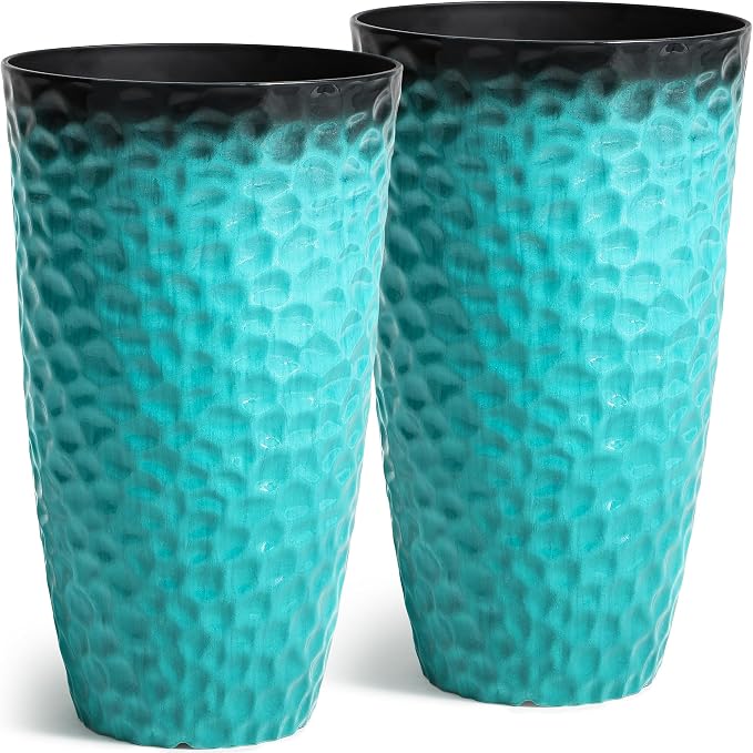 23.75" Turquoise Teal Plastic Tall Planters with Honeycomb Texture | Set of 2 PP tall planters with turquoise teal honeycomb texture, drainage plugs, and UV-treated finish for porch or patio