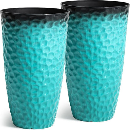 23.75" Turquoise Teal Plastic Tall Planters with Honeycomb Texture | Set of 2 PP tall planters with turquoise teal honeycomb texture, drainage plugs, and UV-treated finish for porch or patio
