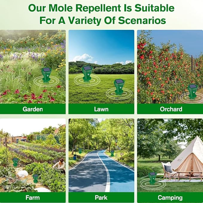 Ultrasonic Mole Repellent Outdoor, Gopher Repeller Solar Powered for Lawn Garden Yard, Mole and Vole Repellent Waterproof, Effectively Repels Gophers Snake Chipmunks Groundhogs-4 Pack-Green