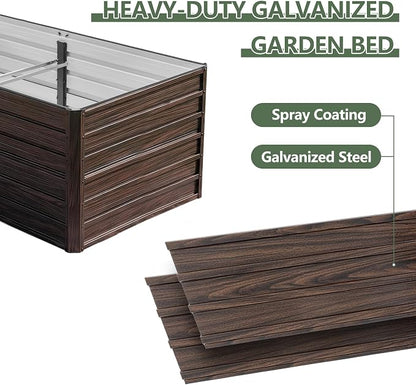 Galvanized Raised Garden Beds 6x3x2FT Outdoor Planter Boxes with Safety Edging and Gloves Metal Garden Bed Kit for Vegetables Flower and Fruits (Brown Wood Grain