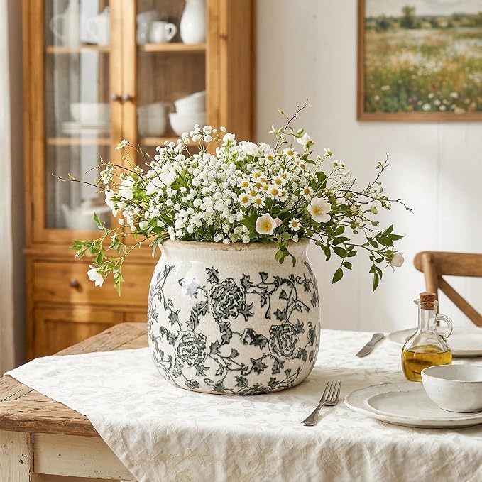 DREAMLOOM Vintage Ceramic Planter for Indoor Plants,6.1" Ice Crack Cottage Scroll Vase Tuscan Decor Flower Pots with Drainage Holes Home Kitchen Farmhouse Antique Decorative Gift (Grey-Round)