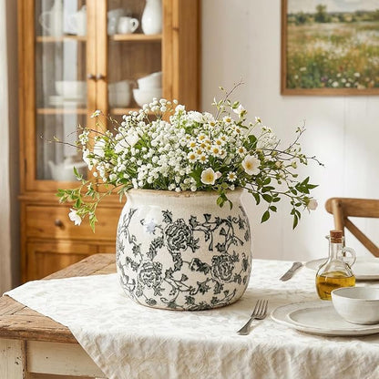 DREAMLOOM Vintage Ceramic Planter for Indoor Plants,6.1" Ice Crack Cottage Scroll Vase Tuscan Decor Flower Pots with Drainage Holes Home Kitchen Farmhouse Antique Decorative Gift (Grey-Round)