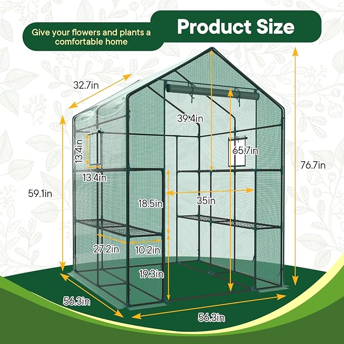 OLIXIS Outdoor Greenhouse, Walk-in Greenhouse with 2 Tier 8 Plant Shelves, Durable PVC Cover, 56"x56"x77" Portable Greenhouses for Outdoor Garden, Patio, Porch, Backyard Green Houses, Green