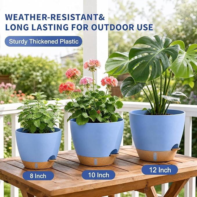 Ecolley 8/10/12 Inch Self Watering Pots for Indoor/Outdoor Plants - Large Plastic Planter with Drainage Holes, Water Level Indicator & Deep Reservoir, Modern Decorative Flower Pots (Light Blue) | Indoor/Outdoor Plants, Large Plastic Planter, Drainage H...