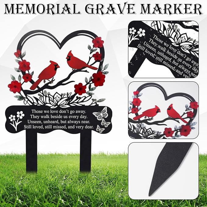 Red Cardinals Cemetery Decorations for Grave, Metal Grave Marker for Outdoors Yard Garden Sympathy Decor, Memorial Plaque Stake for Remembrance Mom Dad Friends