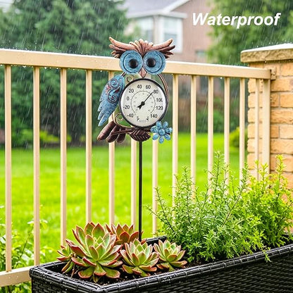 MUMTOP Outdoor Thermometer, 42 Inch Metal Owl Garden Stake Outside Wall Thermometer for Patio, Yard and Garden