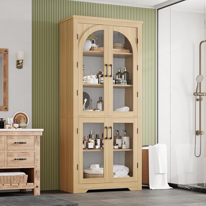 Garvee 70" Tall Kitchen Pantry Cabinet - Modern Display Cabinet with 4 Arched Glass Doors and Adjustable Shelves, Versatile Cupboard Organizers for Kitchen, Dining Room, Living Room, Bathroom, Natural
