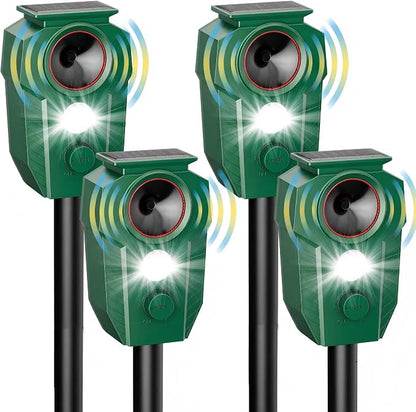 4 Pack Solar Powered Animal Repellent Outdoor, Deer Repellent Devices Ultrasonic Motion Activated, Cat & Raccoon Repellent for Yard Garden Lawn, IP65 Waterproof Pest Repellent with LED Light