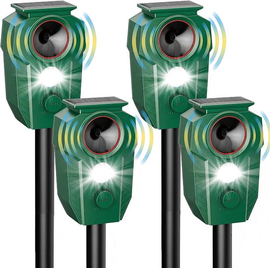 4 Pack Solar Powered Animal Repellent Outdoor, Deer Repellent Devices Ultrasonic Motion Activated, Cat & Raccoon Repellent for Yard Garden Lawn, IP65 Waterproof Pest Repellent with LED Light