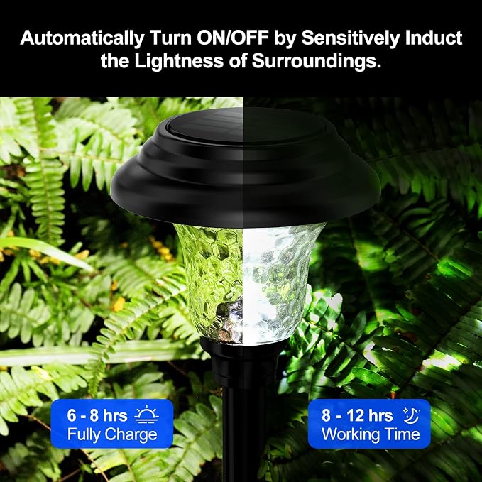 Glass Solar Lights Outdoor waterproof, 2 Pack Super Bright Solar Pathway Lights, Up to 12 Hrs Long Last Auto On/Off Garden Lights Solar Powered, Stainless Steel LED Light For Yard Landscape Cool White