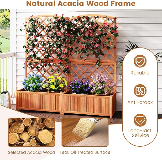 HAPPYGRILL Wooden Raised Garden Bed with Trellis, 63" Tall Planter Box with Trellis & Slat Bottom Base Vine Climbing Plants Flowers, Outdoor Freestanding Garden Box for Backyard Balcony (1)