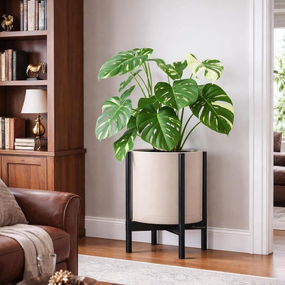 D'vine Dev Plastic Pot with Ebony Wood Stand, Oatmeal, 14 in, 55-C-T-4 | Mid-Century Inspired Design, Elevated Plant Display, Clean Lines, Sturdy Support, Modern Space-Saving Style