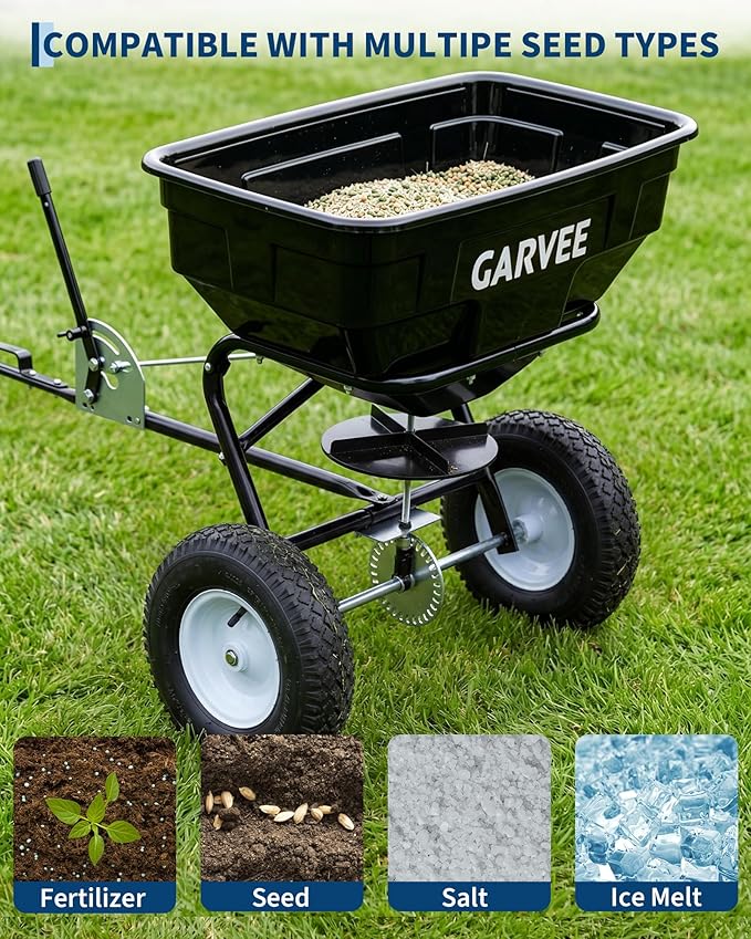 Tow Behind Broadcast Spreader, 125 LBS Large Capacity Universal Hook Tow & Push Lawn Spreader, 9.8 ft Spreading Width 30 Adjustable Settings, Compatible with UTV ATV Riding Mower & Most Tractors