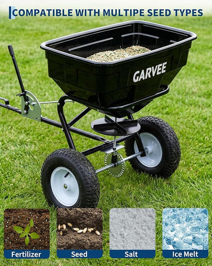 Tow Behind Broadcast Spreader, 125 LBS Large Capacity Universal Hook Tow & Push Lawn Spreader, 9.8 ft Spreading Width 30 Adjustable Settings, Compatible with UTV ATV Riding Mower & Most Tractors