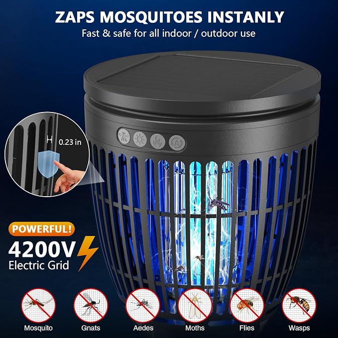 Solar Bug Zapper Outdoor, Jinyeda 4200V Mosquito Zapper with RGB Projector & Flame Lights, Cordless Mosquito Killer, USB Rechargeable Fly Insect Trap Waterproof Lighting Decor for Patio, Garden, Yard