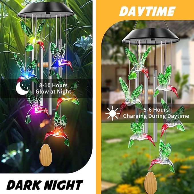 Solar Hummingbird Wind Chimes with 4 Music Aluminum Tubes | Wind Chimes for Outside,Best Gifts for Mom Grandma Women Wife Aunt Sister, Unique Mobile Wind Chime, Garden Yard Decor