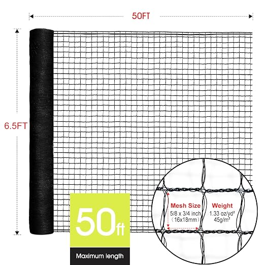 Deer Fence, RIFNY 6.5 x 50 FT Temporary Fence for Garden Outdoor Yard, Plastic Mesh Fencing Netting to Protect Plants Fruit from Deer Dogs Chicken Animal (Black)