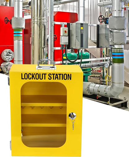 QWORK Lockout Tagout Cabinet, Heavy Duty Station Cabinet with Clear Door & Lock,Wall Mounted Box Cabinet, Steel Construction, Large Capacity Storage for Machine Service, Yellow