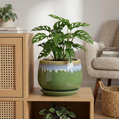 9 Inch Indoor Plant Pots - Ceramic Planters for Indoor Plants, Decorative Planter with Drainage and Saucer, Round Flower Pot, Porch Garden Office Decor, Gardening Gifts for Women, Green-Blue