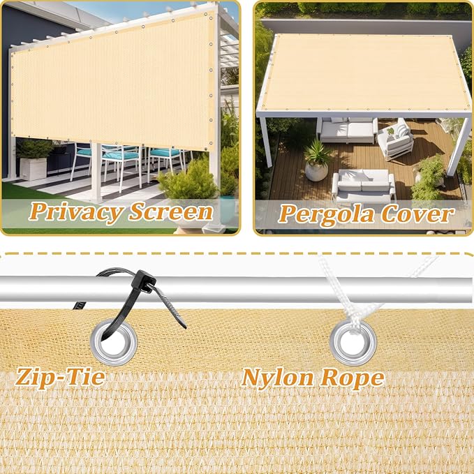Shade&Beyond Customized Size 90% Sun Shade Cloth with Grommets, 8' X 16' Pergola Shade Cover Canopy, Mesh Tarp Sun Screens for Patio, Outdoor, Garden, Backyard GN01, Wheat