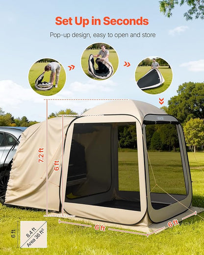 VEVOR SUV Tailgate Tent, 6 x 6 ft Pop-Up Screen House Canopy for 4–6 Person, Portable Screened Shelter with Carry Bag, for Car Camping, Backyard, Patio, Outdoor Activities