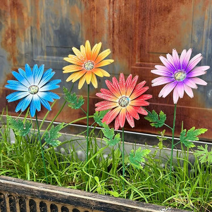 Metal Flowers for Outside, 4 Pack Decorative Garden Stakes with Spring Design, 16.5 Inch Handmade Iron Outdoor Metal Garden Decor, Flickering Daisy Yard Art for Patio Lawn
