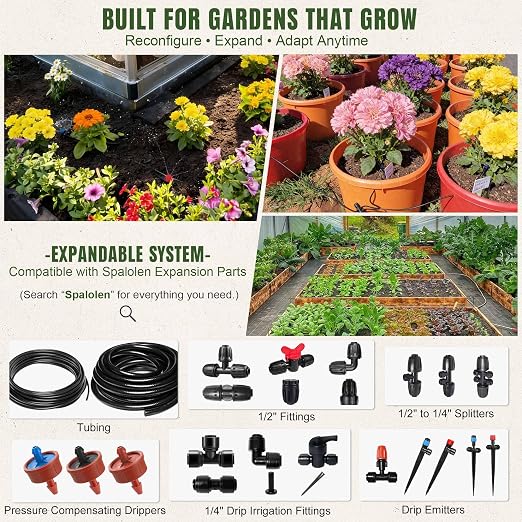 Push-to-Connect Drip Irrigation System Kit, Complete Premium Garden Watering System with 50FT 1/2" Mainline, Leak-Resistant Quick Connect Fittings, Adjustable Drip Emitters for Raised Beds, Greenhouse
