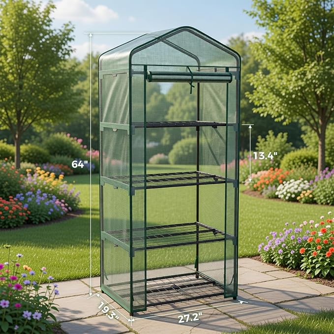 Sweetcrispy Mini Greenhouse with Roll-up Zipper Door Durable PE Cover, 27"x19"x63" 4 Tier, Small Greenhouse for Outdoors Indoor Balcony, Porch, Garden, Patio, Backyard Green Houses, Green