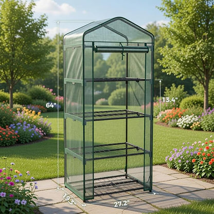 Sweetcrispy Mini Greenhouse with Roll-up Zipper Door Durable PE Cover, 27"x19"x63" 4 Tier, Small Greenhouse for Outdoors Indoor Balcony, Porch, Garden, Patio, Backyard Green Houses, Green