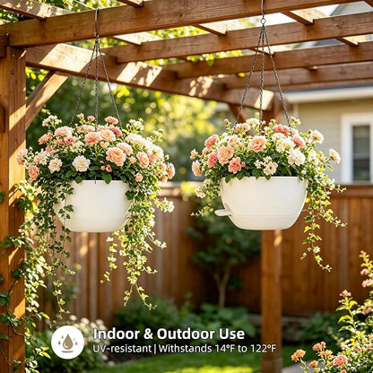 12" Self Watering Hanging Planters with Chains, White, 2 Pack | 43 Oz removable self-watering reservoir, for indoor/outdoor plants, patio & garden