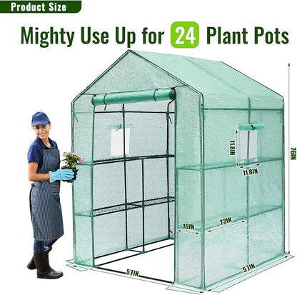 Greengro Greenhouse, 57 x 57 x 76'' Greenhouses for Outdoors, Portable Greenhouse Kit with Mesh Side Windows, PE Cover, 8 Shelves, Heavy Duty Walk in Green House for Backyard Garden Indoor Outside