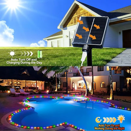 KNONEW Solar Rope Lights Outdoor 2 Packs Total 600LED 100FT Solar String Light Outside Waterproof with 8 Modes Clear Thin Tube for Pool Patio Garden Fence Camping Yard Deck Trampoline（Multicolor）