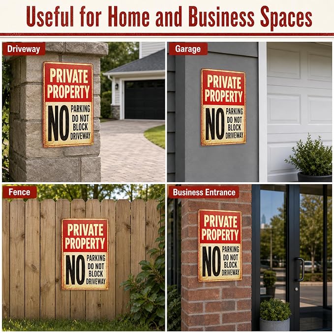 Private Property Tin Sign, 12 x 8 Inch No Parking Aluminum Metal Wall Decor, Do Not Block Driveway Notice Sign for Garage, Gate, Fence, Carport
