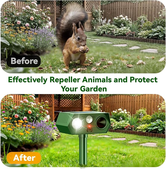 2026 Upgraded Solar Ultrasonic Animal Repeller Outdoor Deer Repellent Devices Waterproof, Motion Activated Animal Deterrent Devices to Scare Cat Squirrel Rabbit Raccoon Skunk for Yard Garden (2-Pack)