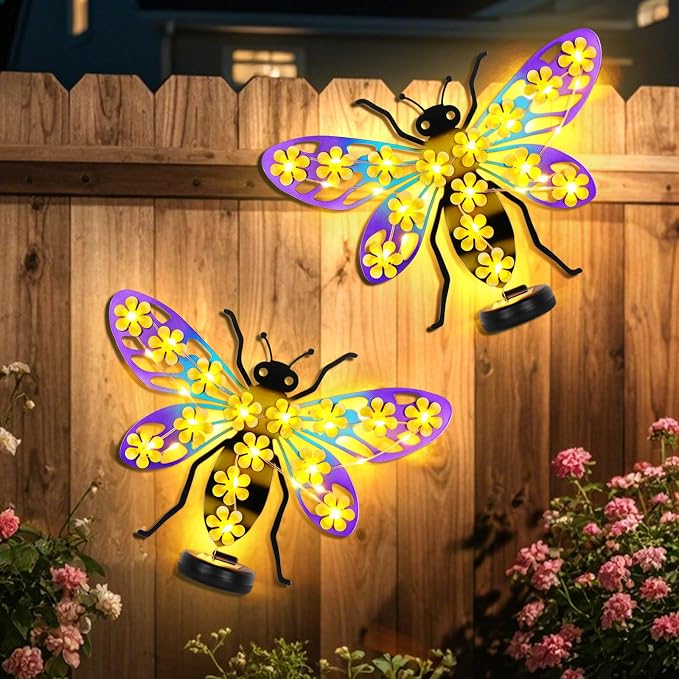 2 Pack Metal Bee Outdoor Wall Decor with 30 Led Solar Lights- 13.8" Outdoor Fence Wall Art Decor, Gift for Mom Grandma Women Birthday Gardening,Hanging Decoration for Garden Patio Porch Yard