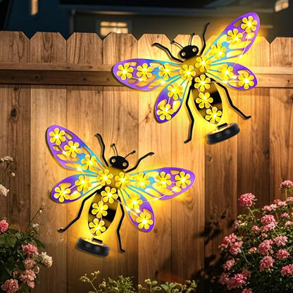 Metal Bee Outdoor Wall Decor with 30 Led Solar Lights- 13.8" Outdoor Fence Wall Art Decor, Gift for Mom Grandma Women Birthday Gardening,Hanging Decoration for Garden Patio Porch Yard