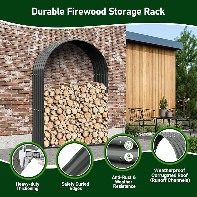 ANLEOLIFE Arch Tall Outdoor Firewood Rack with Corrugated Steel Roof | Alloy Steel Log Holder; 22-Gauge Powder-Coated Galvanized Panels; 18"D x 36"W x 54"H; Open-Sided Airflow; Round Crossbars